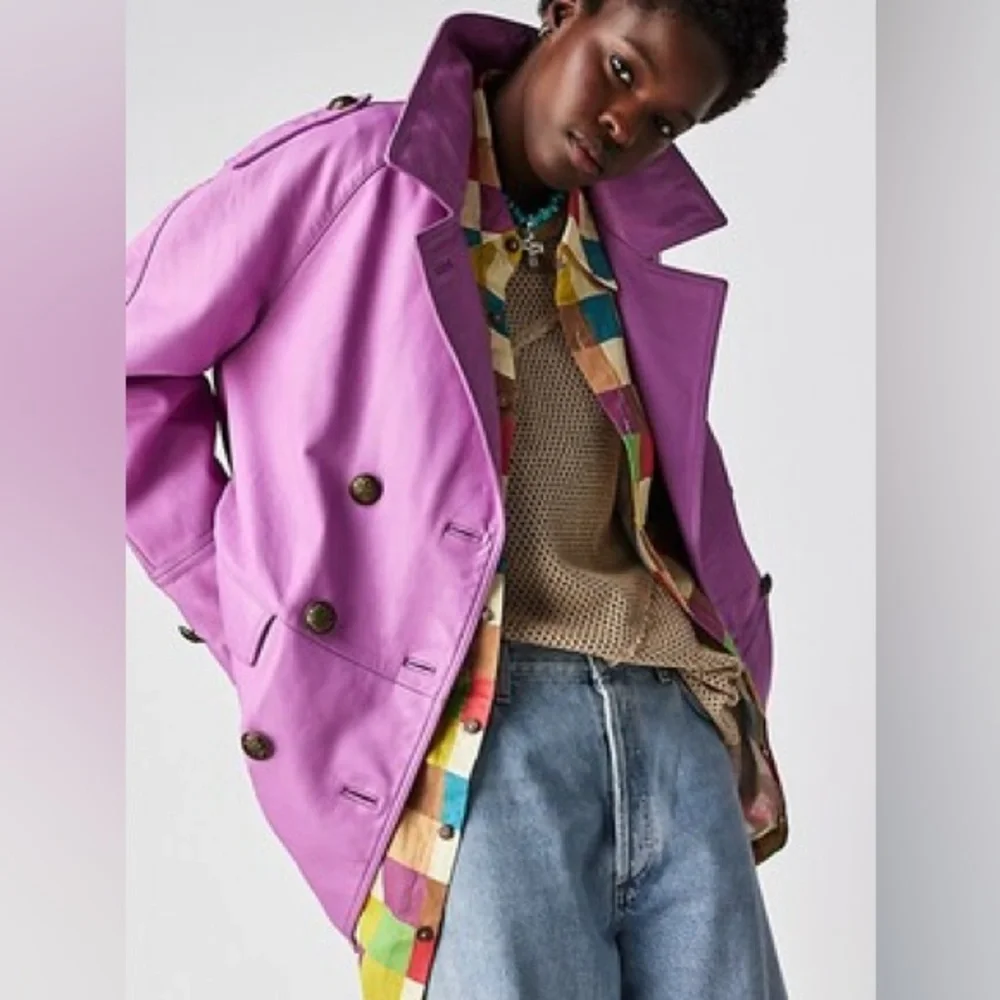 NWOT $698 Free People Top Notch Leather Pea Coat Pinky Purple Z539